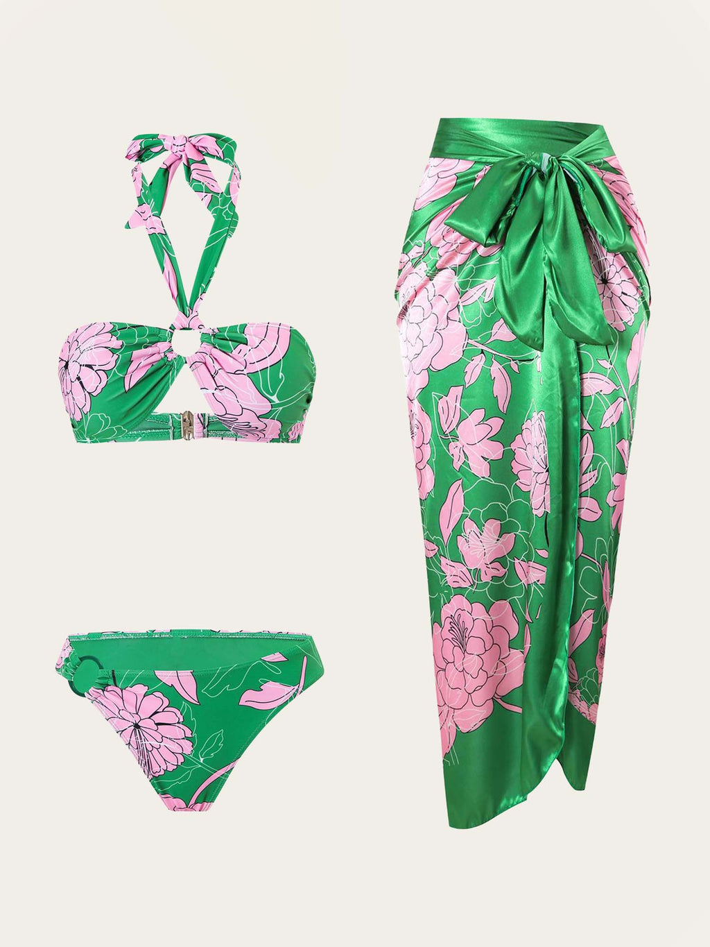 Green Floral Satin Beach Cover-Up