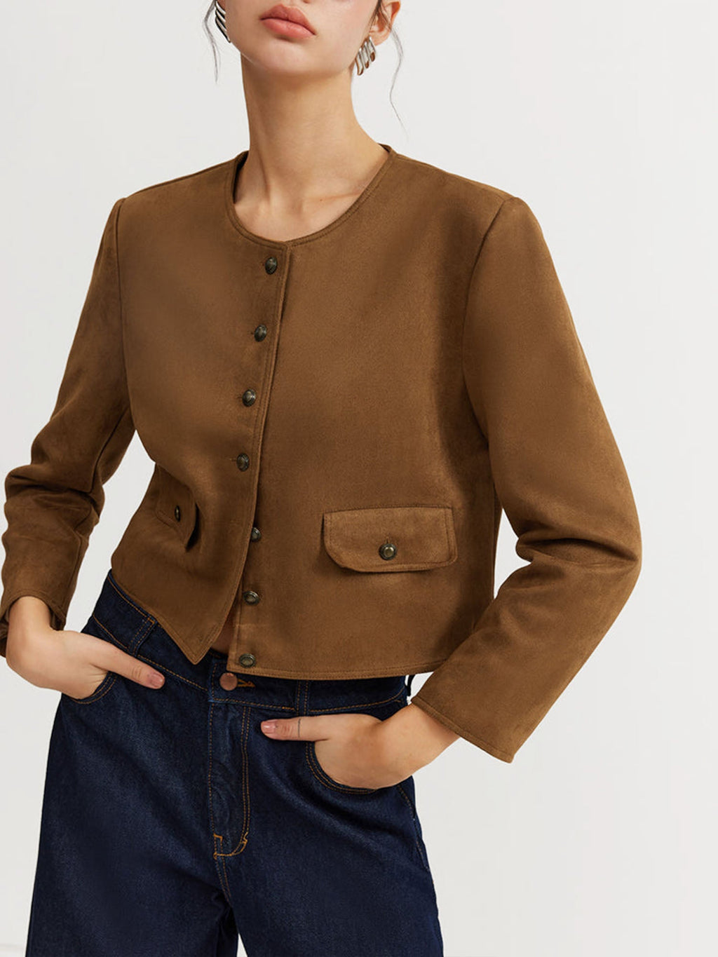 Jaket Berbutang Suede Coklat