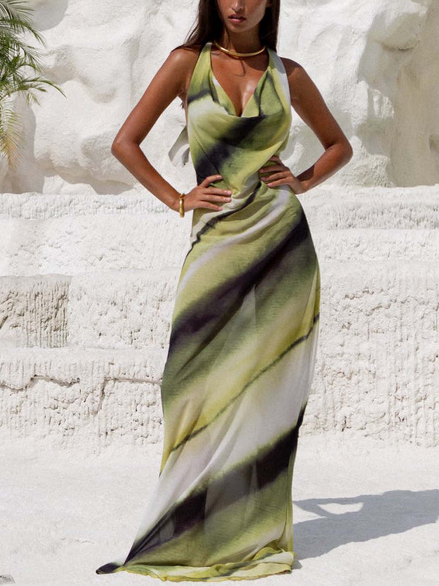 Marbled Print Halter Neck Maxi Dress