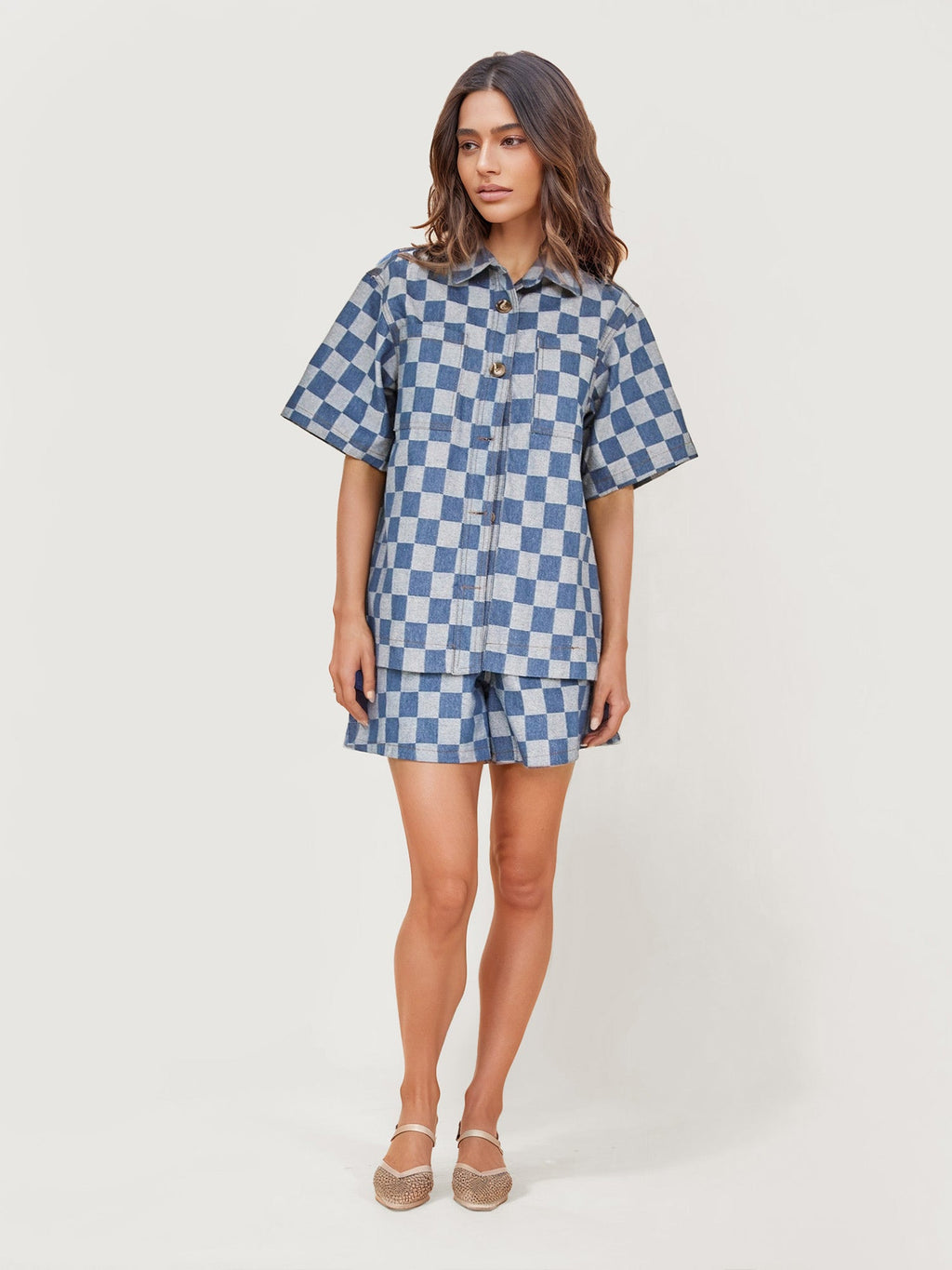 Set Pantai Denim Checkerboard Breeze
