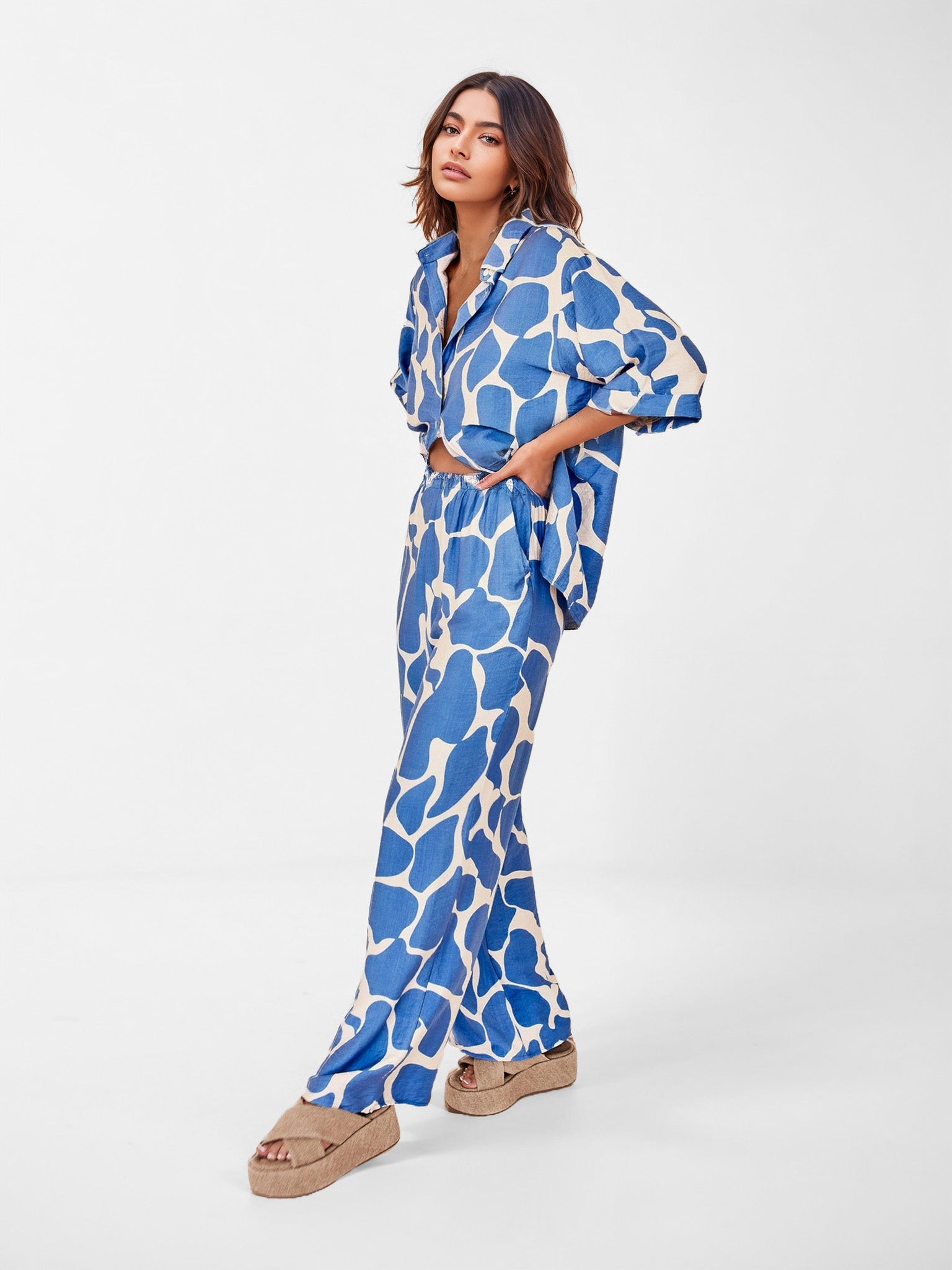 Ocean Wave Print Oversized Button-Up Shirt