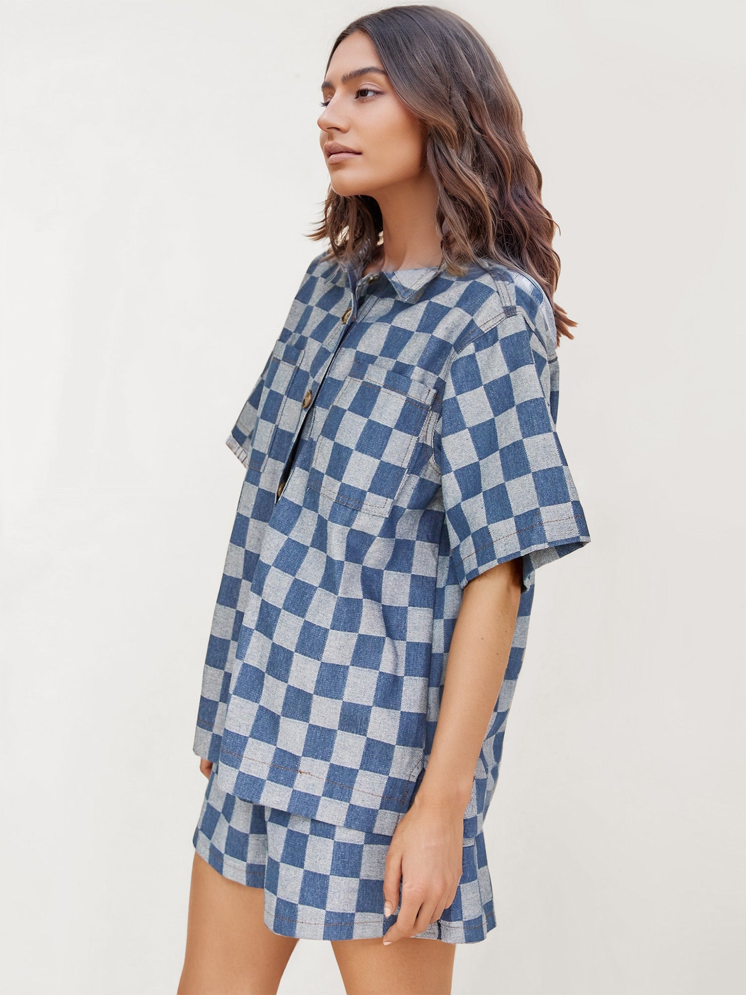 Set Pantai Denim Checkerboard Breeze