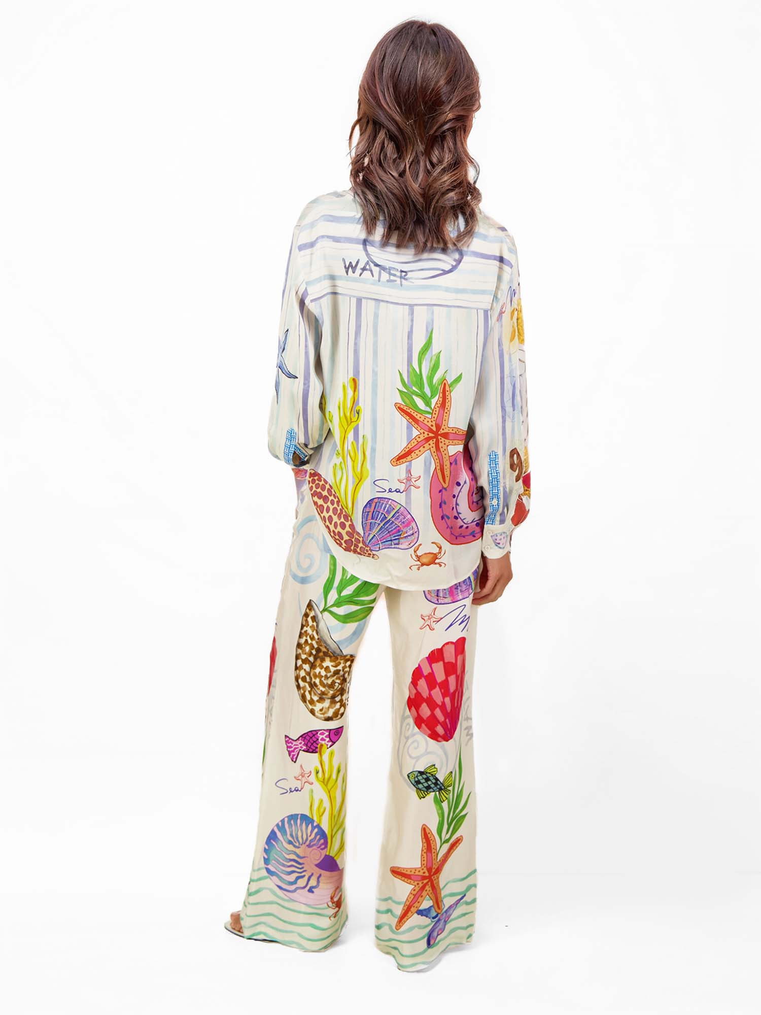 Ocean Motif Wide-Leg Maxi Pants for Summer