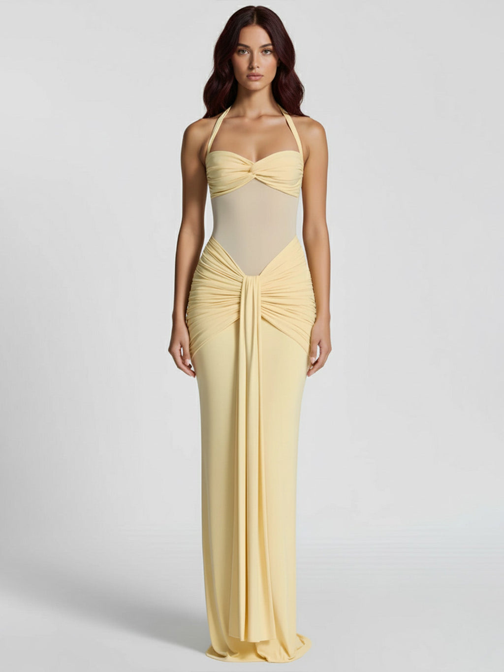 Black Draped Halter Maxi Dress Sheer Elegance