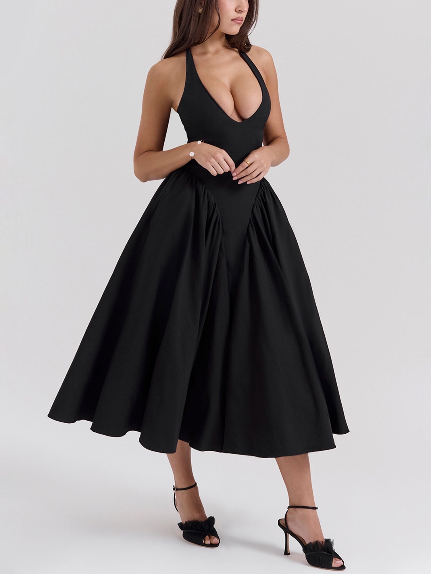 Pleated A-Line Halter Midi Dress