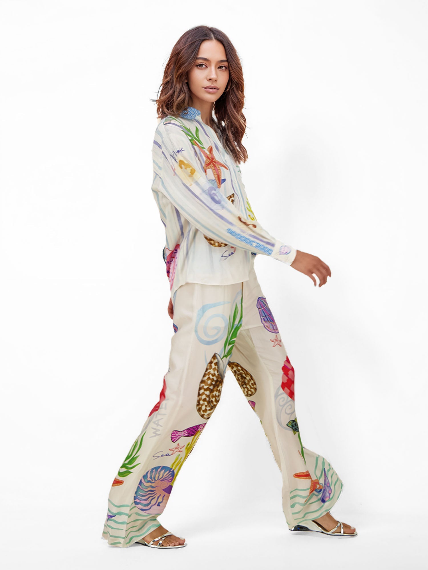 Ocean Motif Wide-Leg Maxi Pants for Summer