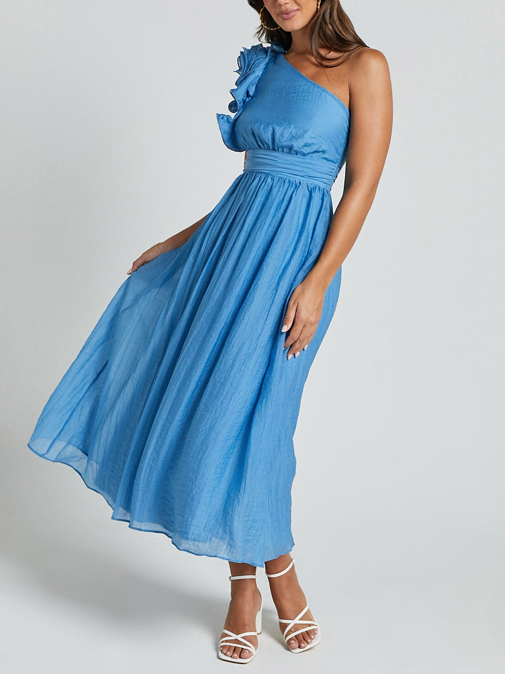 One-Shoulder Ruffle Accent Midi Dress