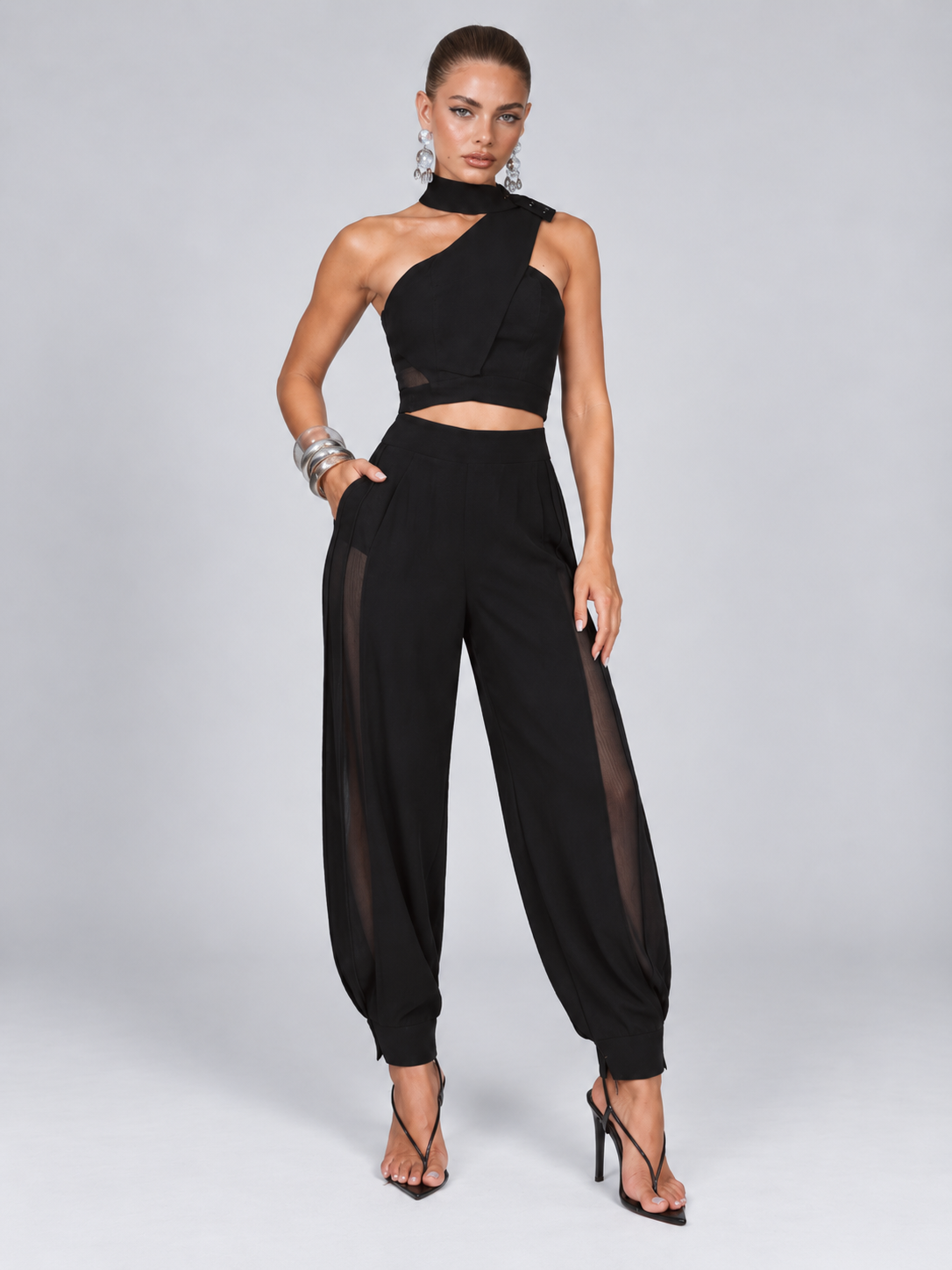 Black One-Shoulder Top & Jogger Set