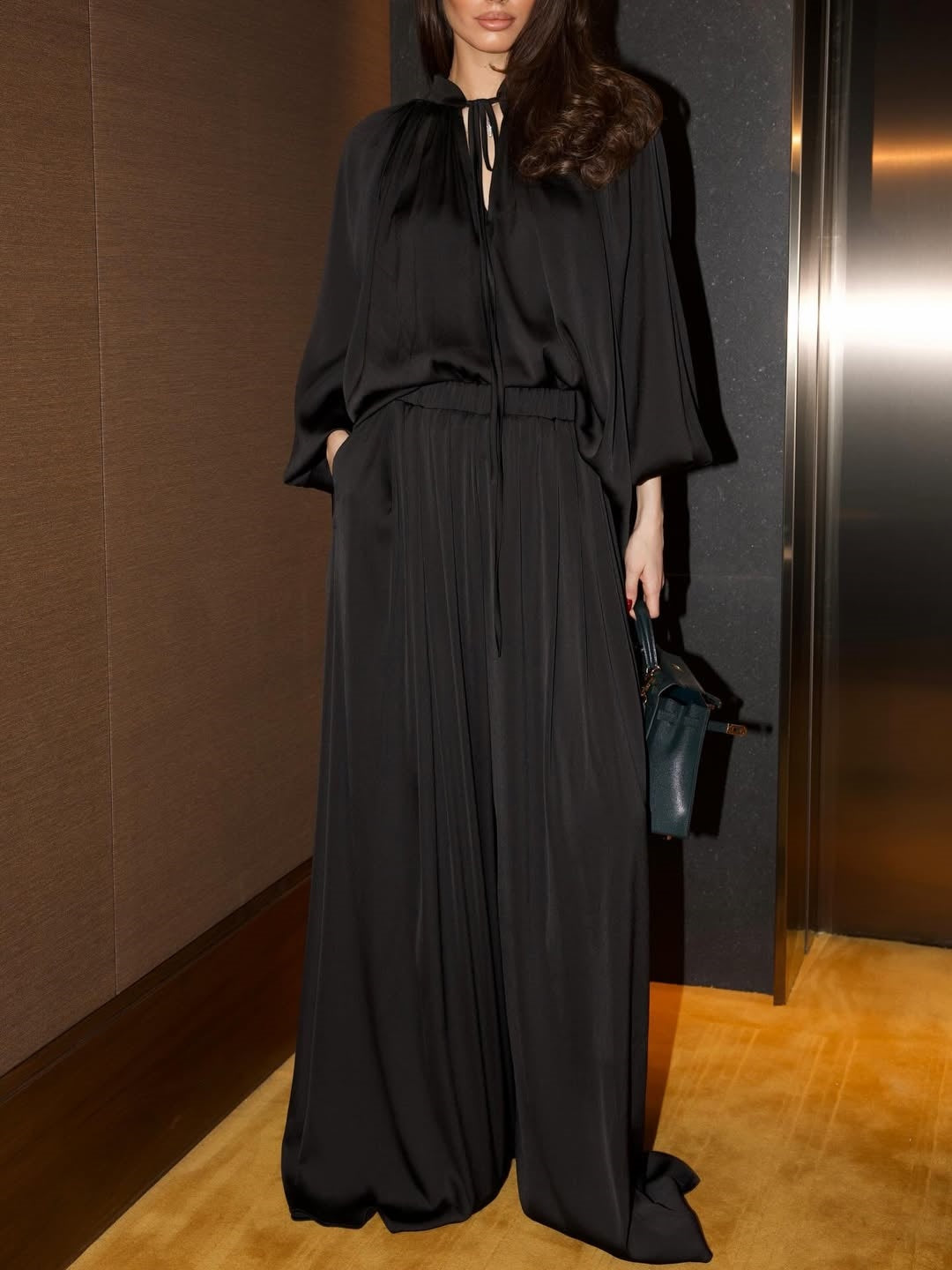 Black Satin Tie-Neck Two-Piece Set