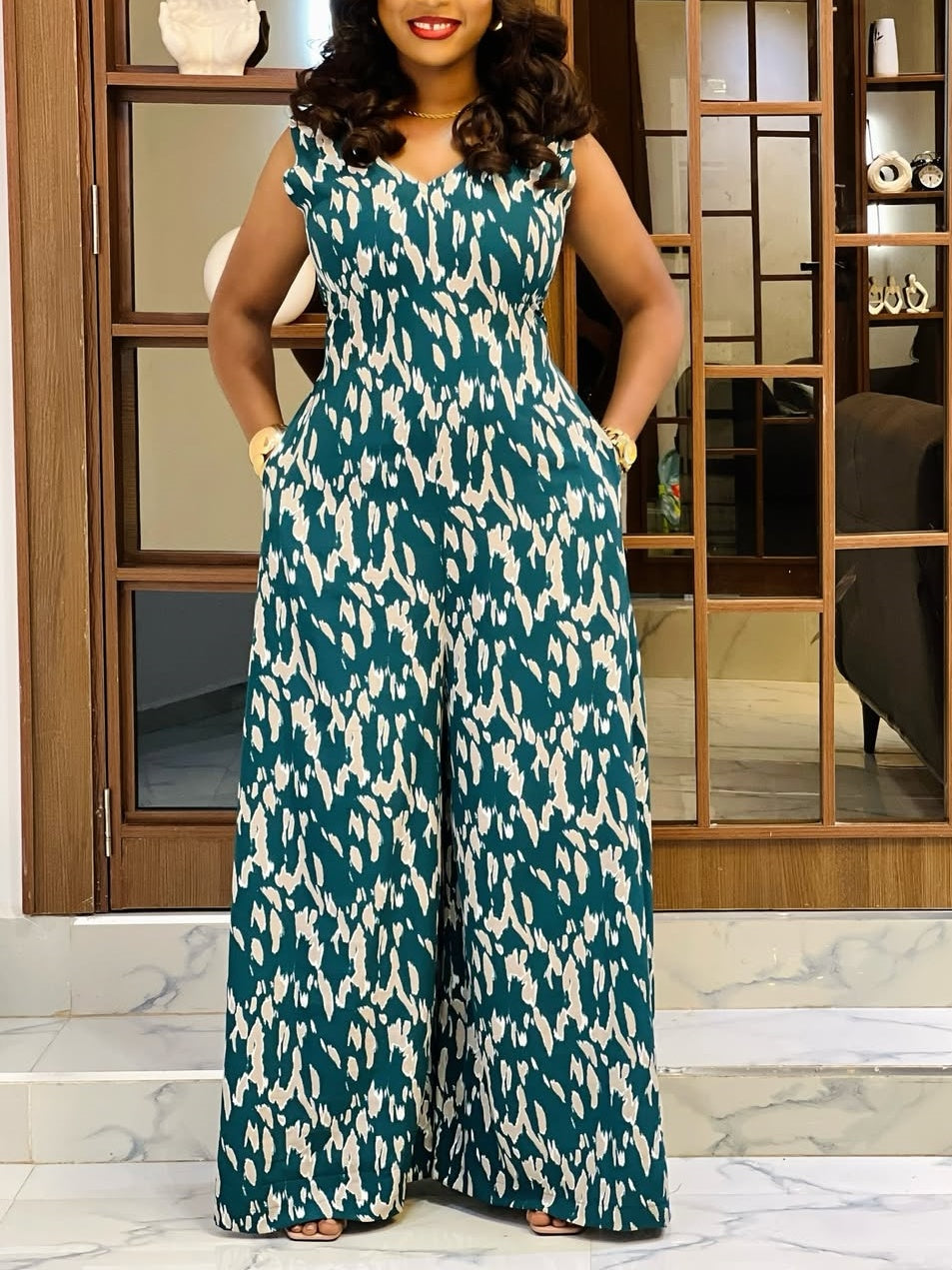 Teal Abstract Print Sleeveless Jumpsuit
