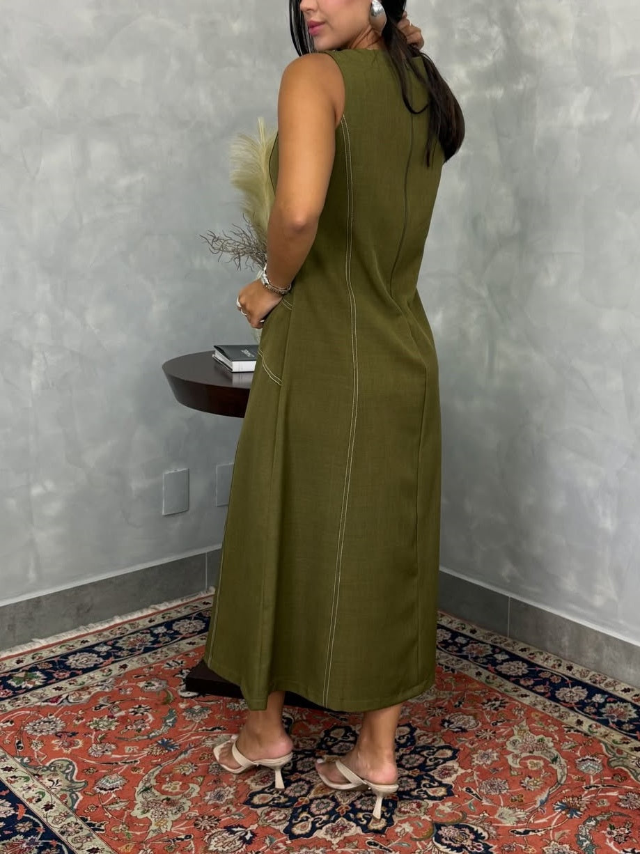 Olive Contrast Stitch Midi Dress