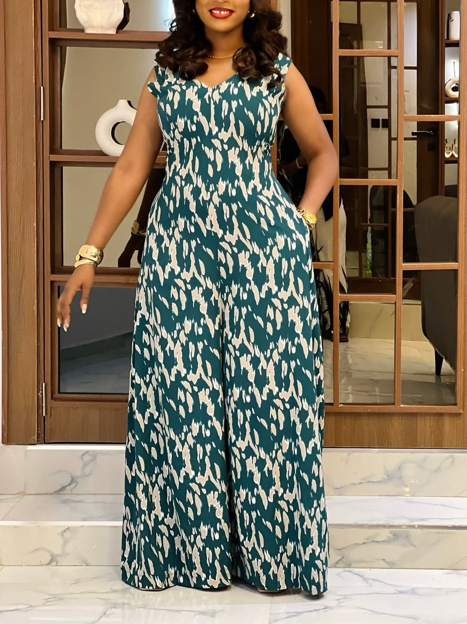 Teal Abstract Print Sleeveless Jumpsuit