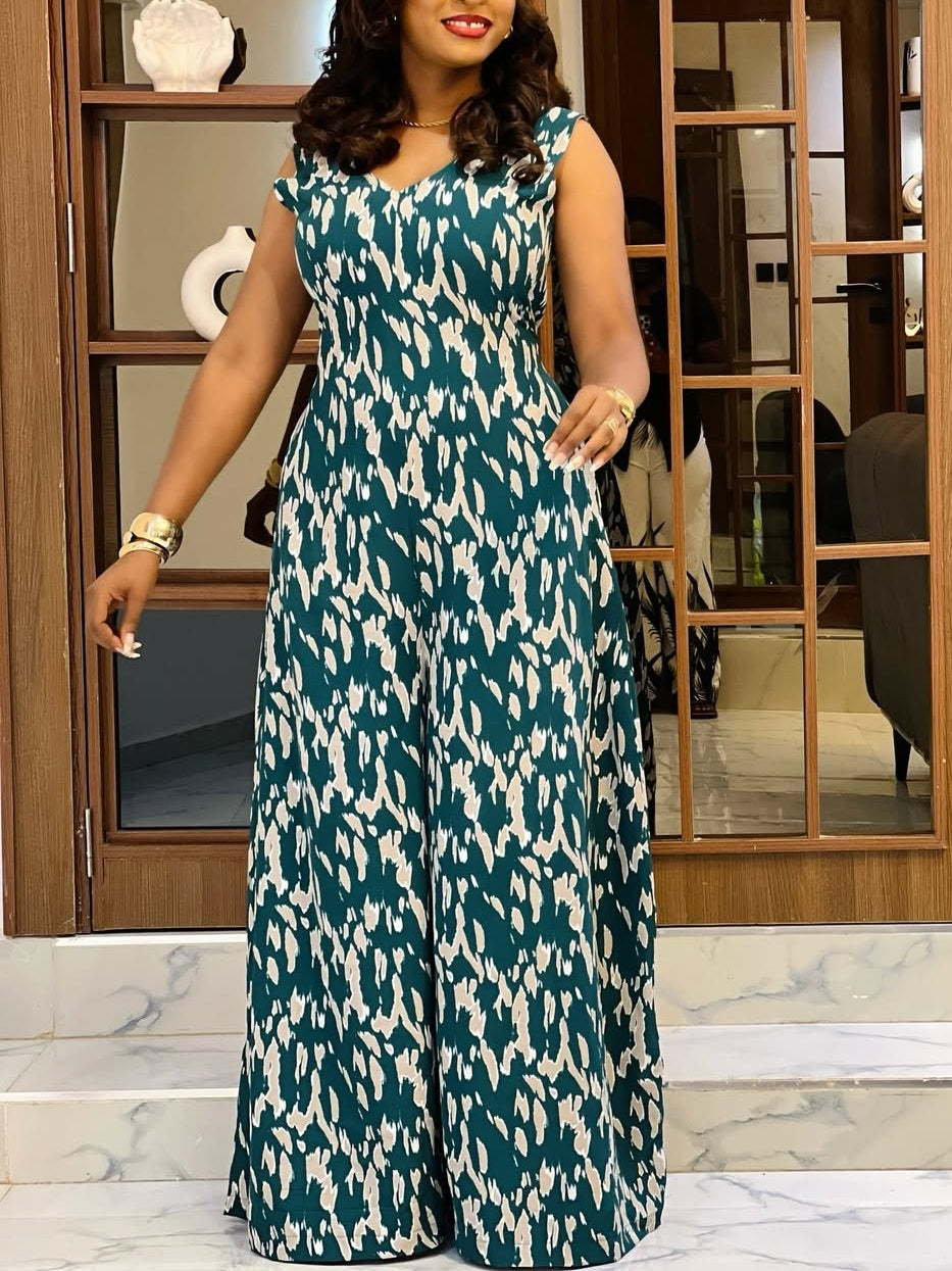 Teal Abstract Print Sleeveless Jumpsuit