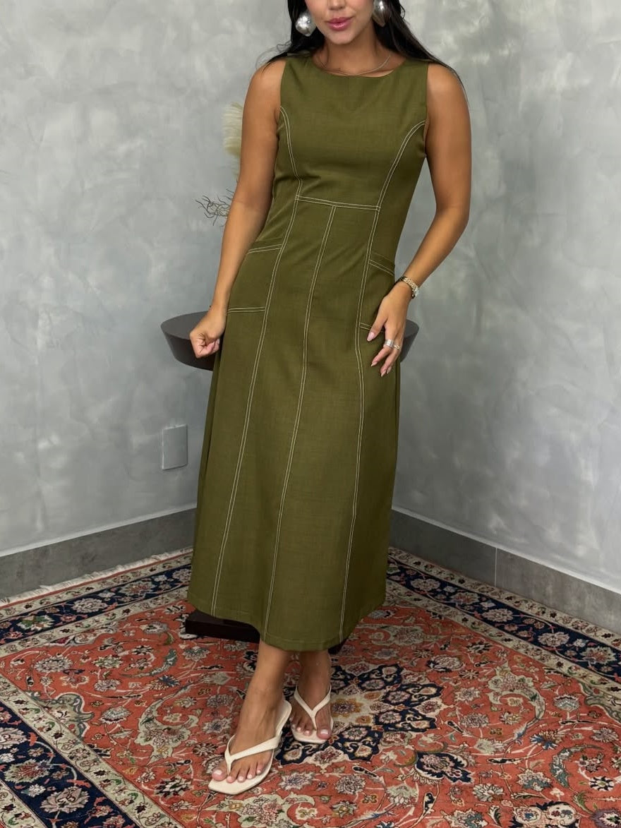 Olive Contrast Stitch Midi Dress