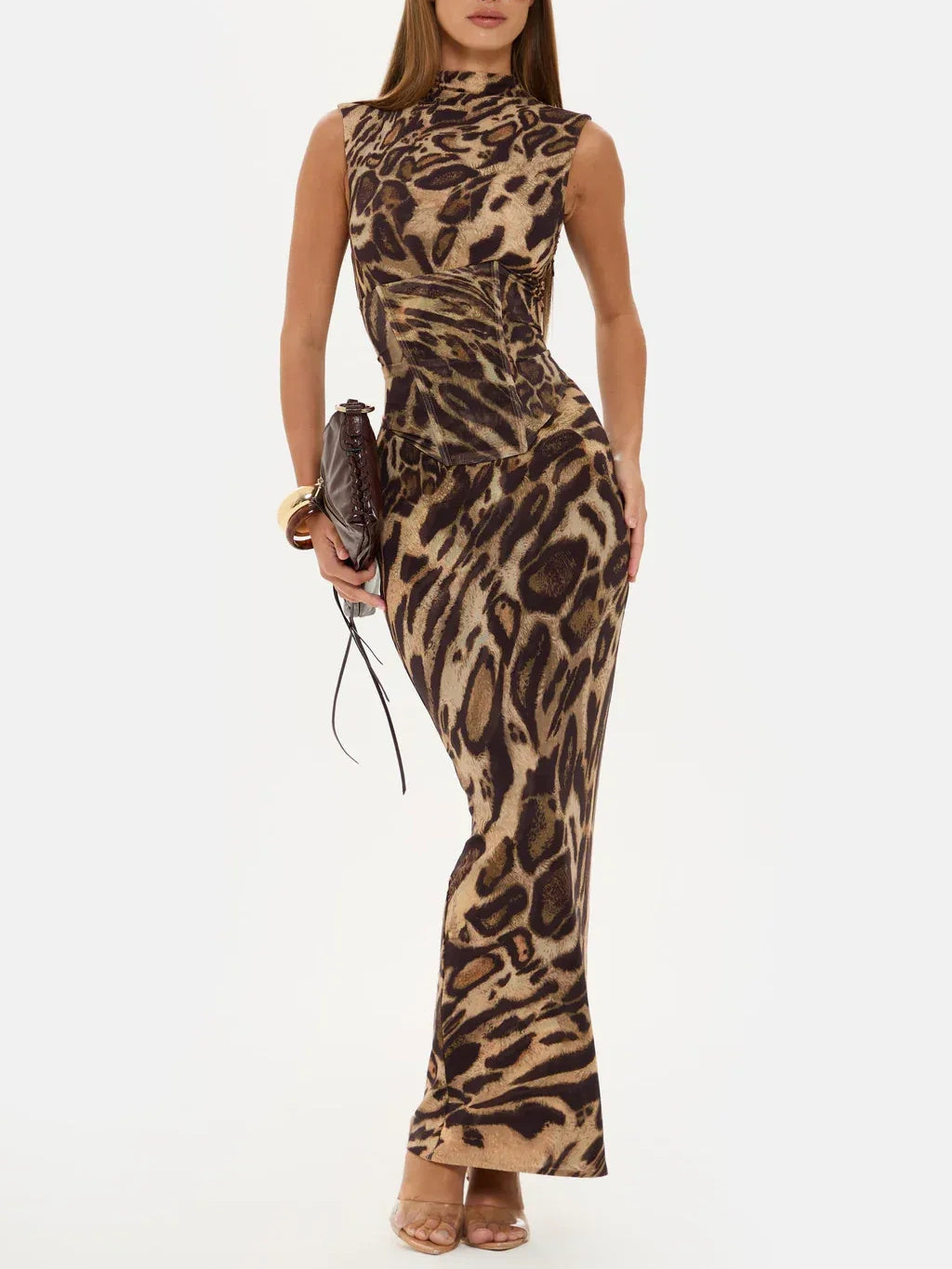 Leopard Print Sleeveless Corset Maxi Dress