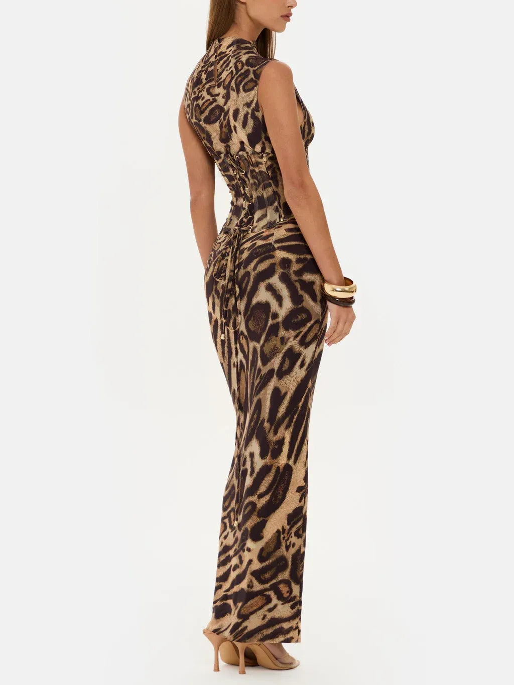 Leopard Print Sleeveless Corset Maxi Dress