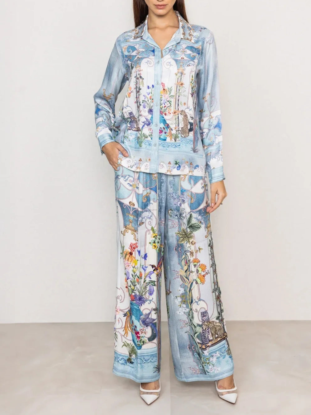 Blue Floral Animal Print Satin Two-Piece Set
