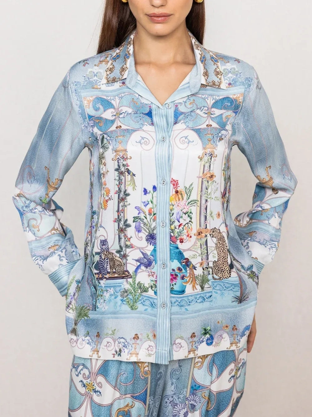 Blue Floral Animal Print Satin Two-Piece Set