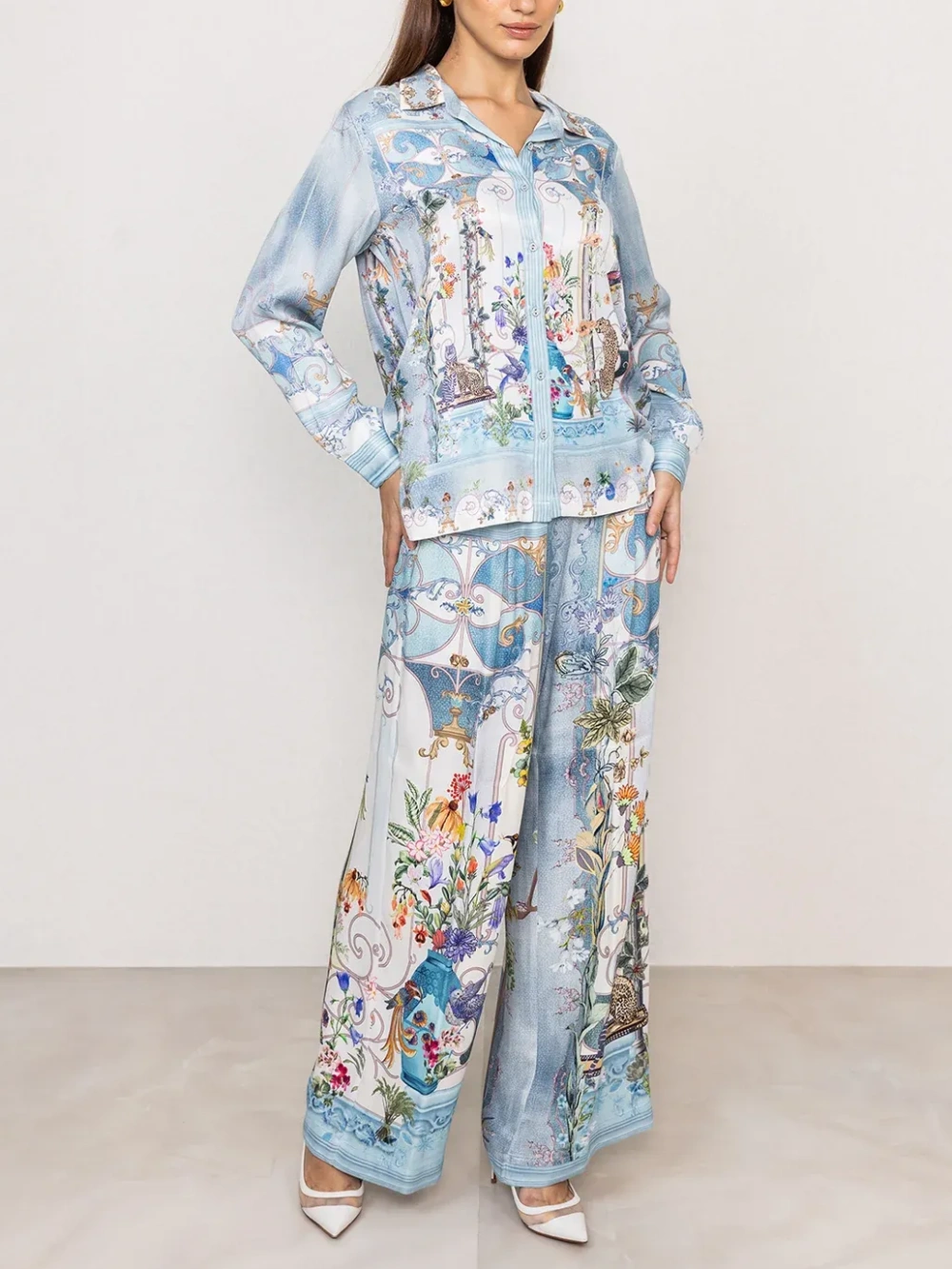 Blue Floral Animal Print Satin Two-Piece Set