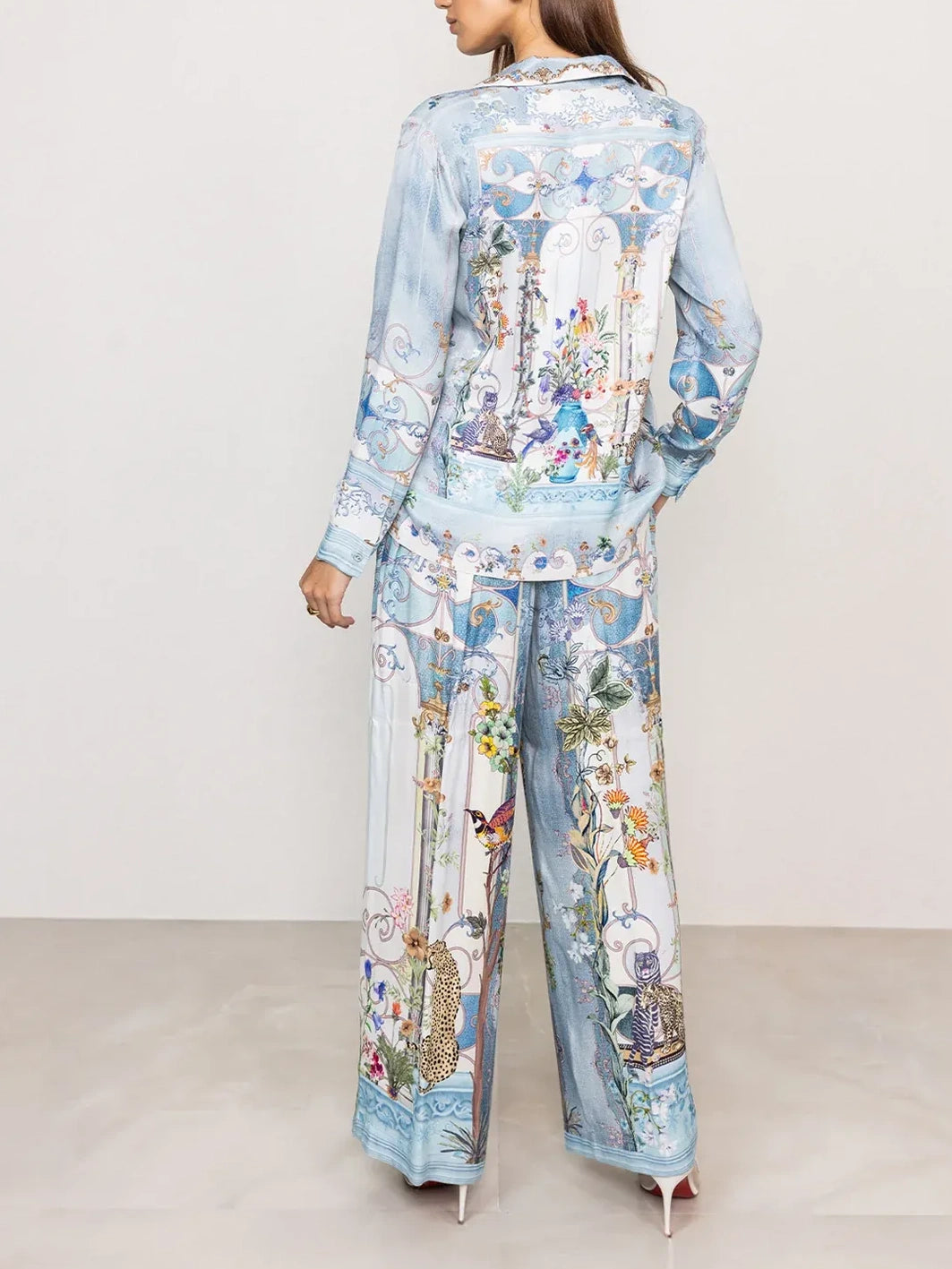 Blue Floral Animal Print Satin Two-Piece Set