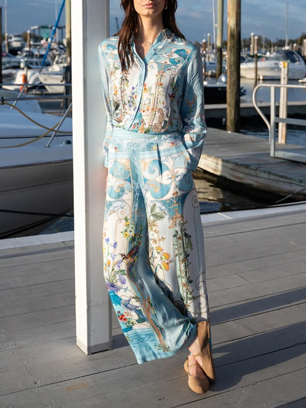 Blue Floral Animal Print Satin Two-Piece Set