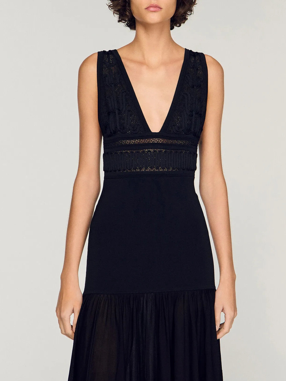 Contrast Lace Panel Black Maxi Dress
