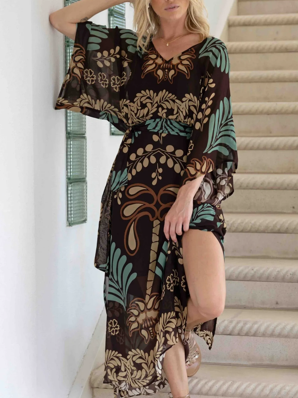 Tropical Print Kaftan Maxi Dress