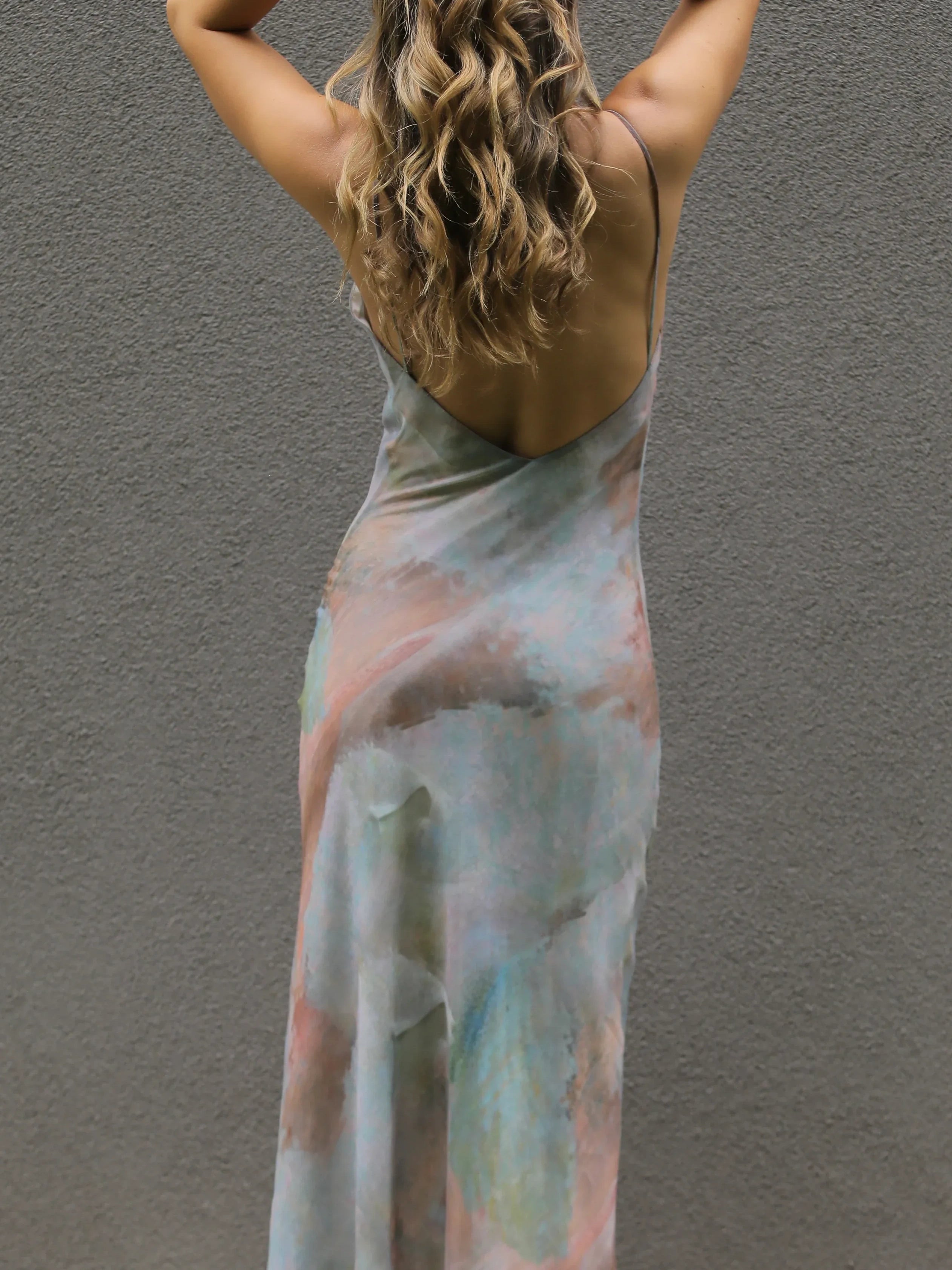 Watercolor Print Cowl Neck Slip Maxi Dress