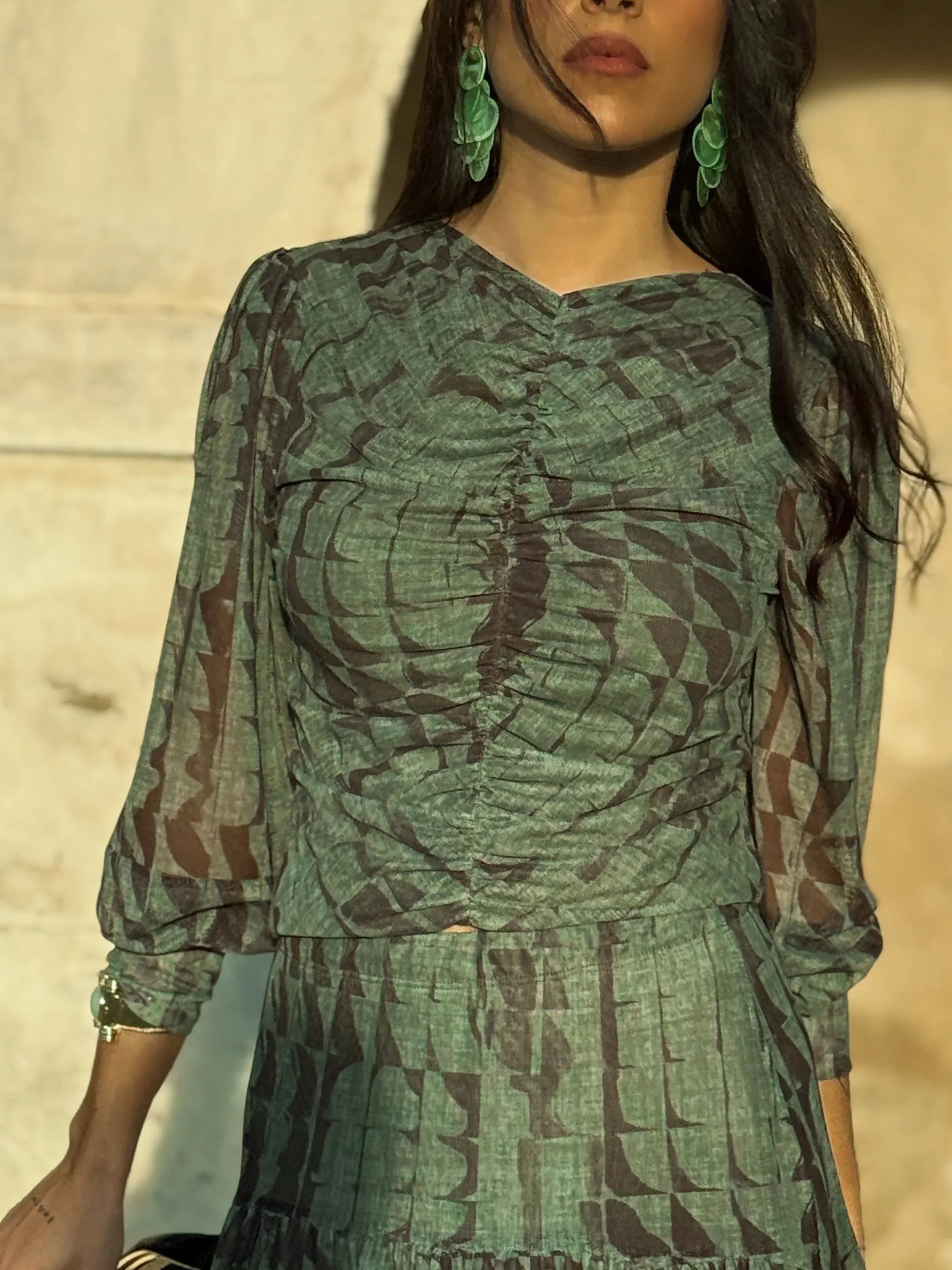 Olive Geometric Print Two-Piece Set