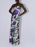Pink Iris Print Strapless Satin Maxi Dress