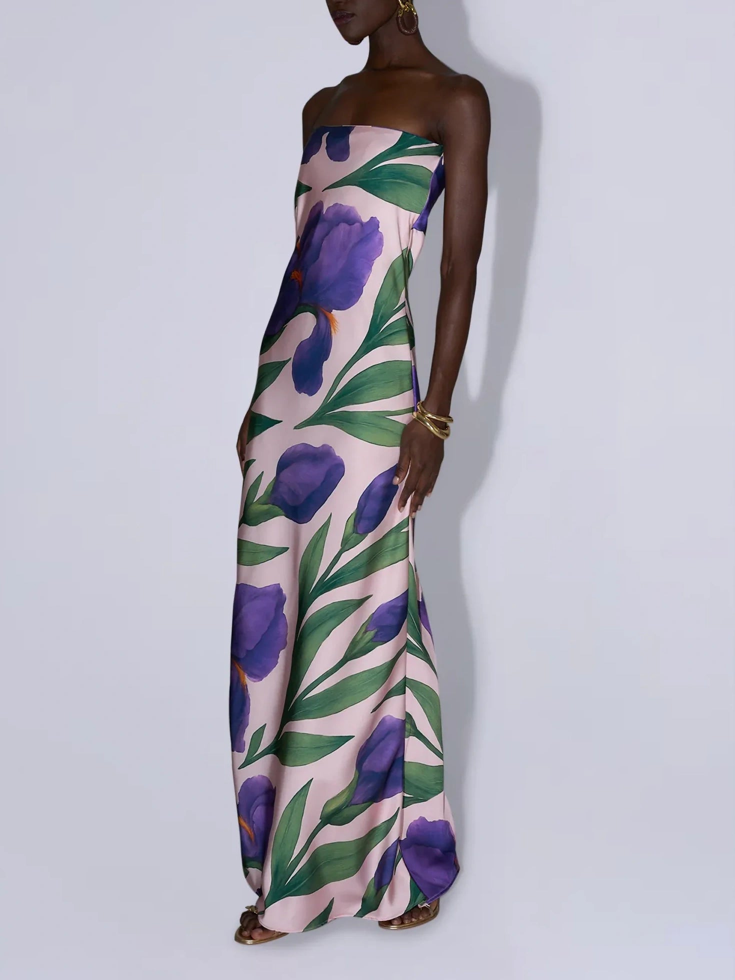 Pink Iris Print Strapless Satin Maxi Dress