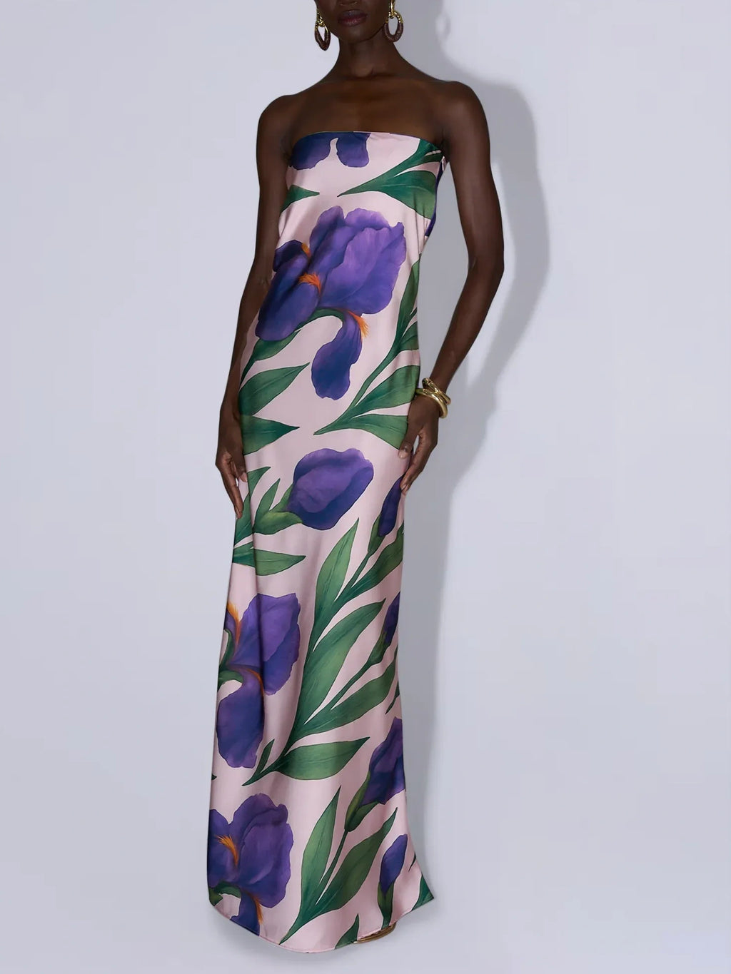Pink Iris Print Strapless Satin Maxi Dress