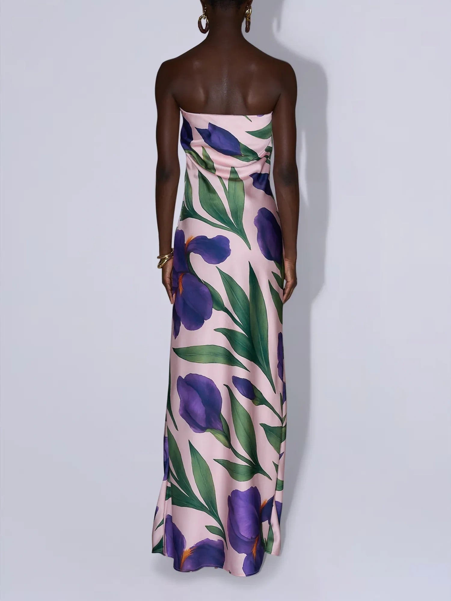 Pink Iris Print Strapless Satin Maxi Dress