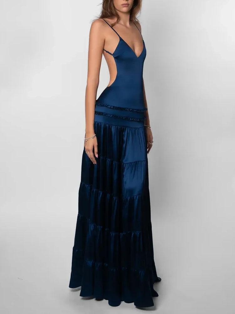 Navy Satin Tiered Maxi Dress