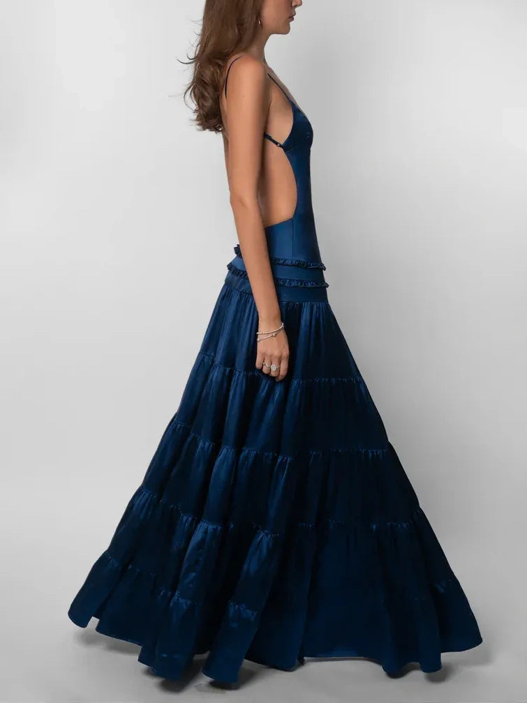 Navy Satin Tiered Maxi Dress