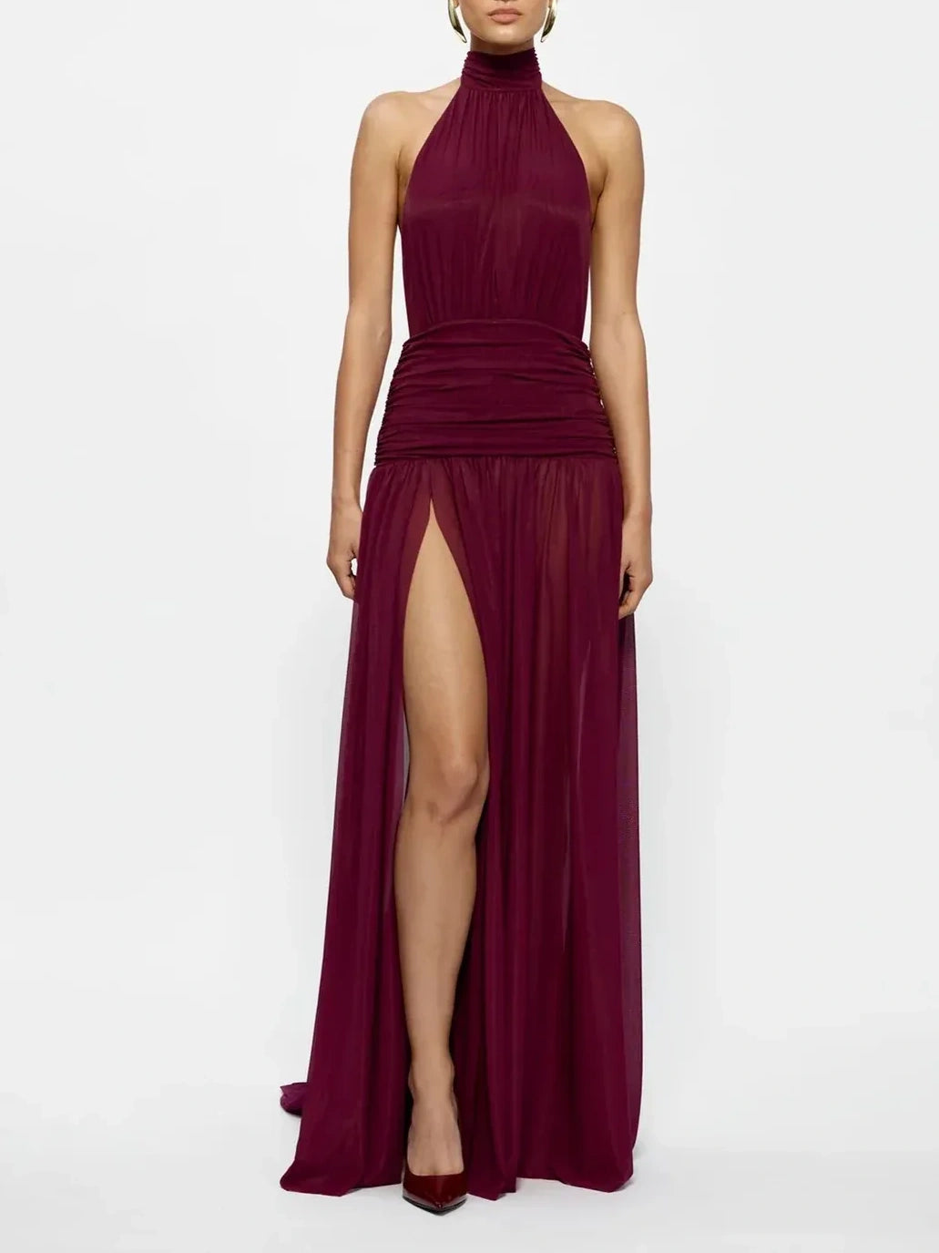 Burgundy Halter Neck Backless Maxi Dress