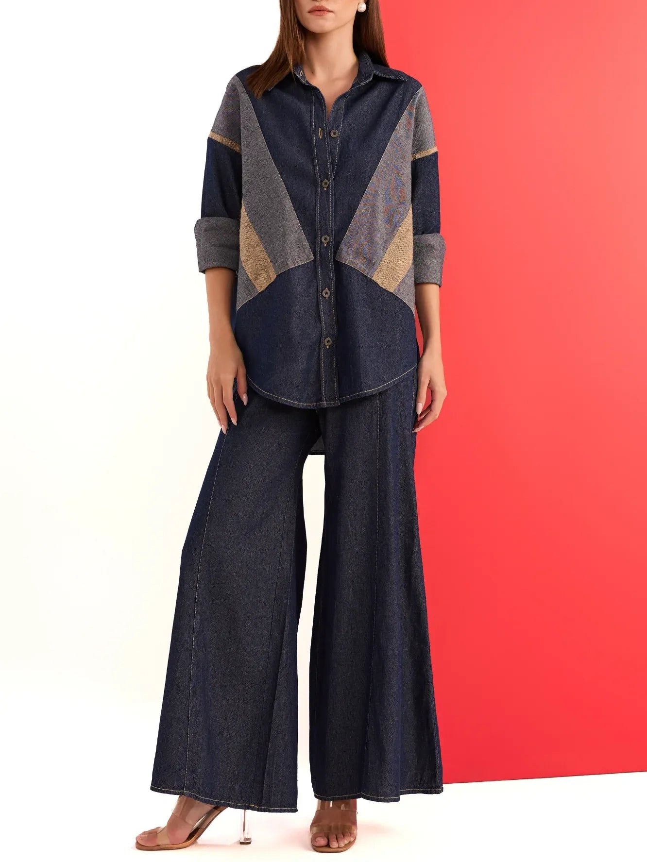 Patchwork Denim Shirt Wide-Leg Pant Two-Piece Set