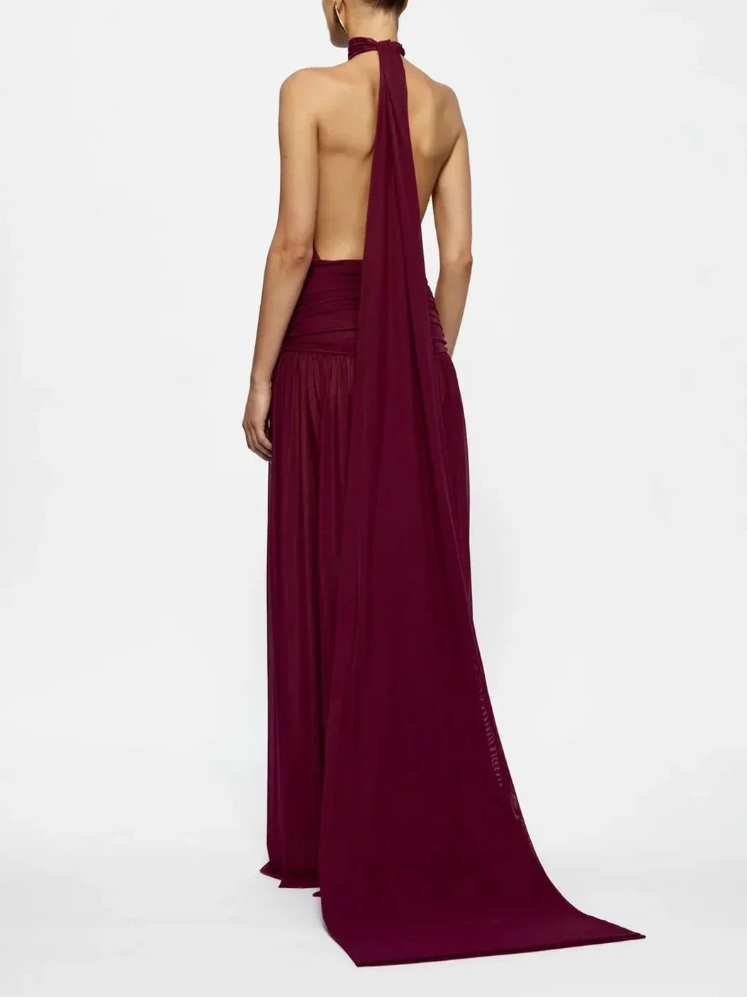 Burgundy Halter Neck Backless Maxi Dress