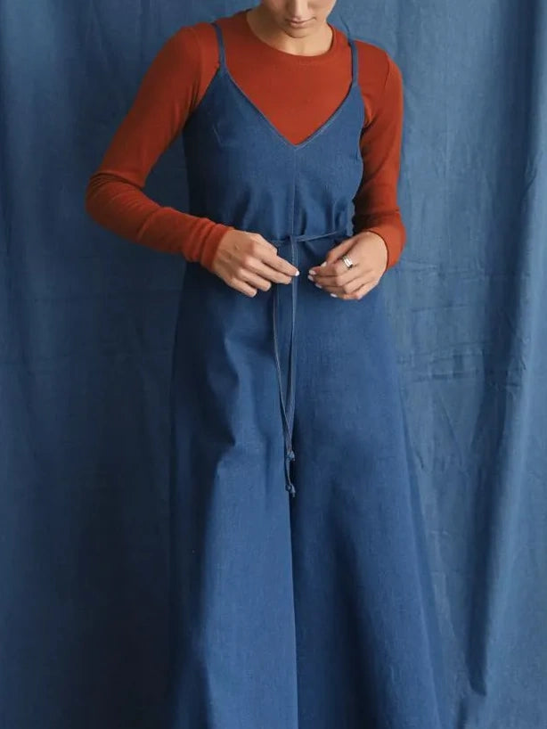 Indigo Tie-Waist Wide-Leg Denim Jumpsuit