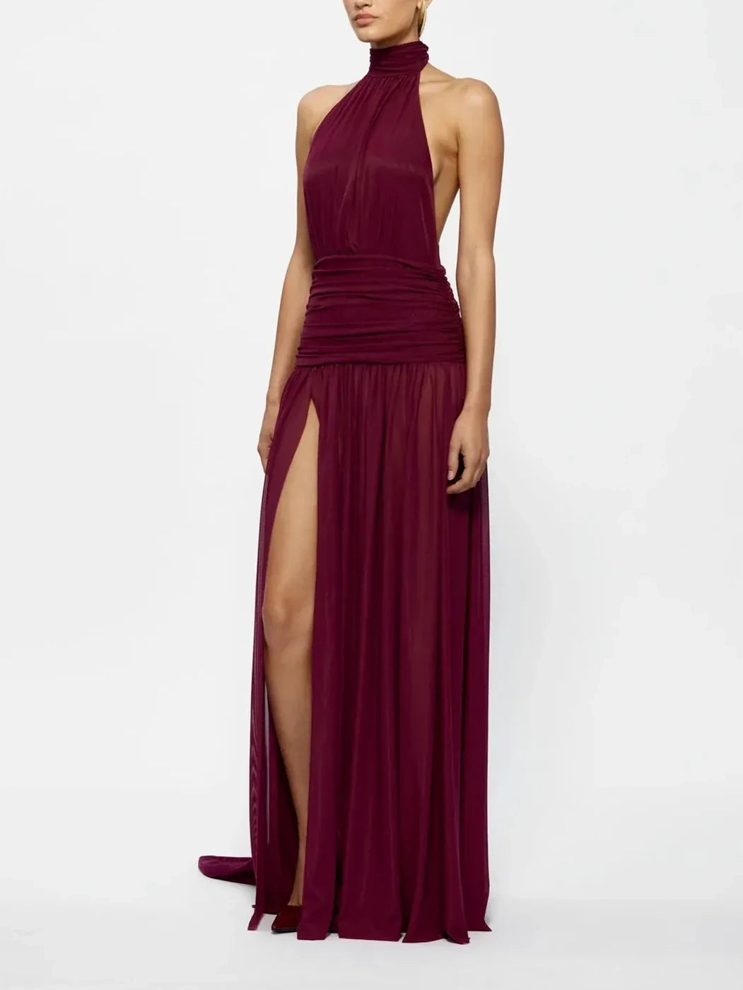 Burgundy Halter Neck Backless Maxi Dress