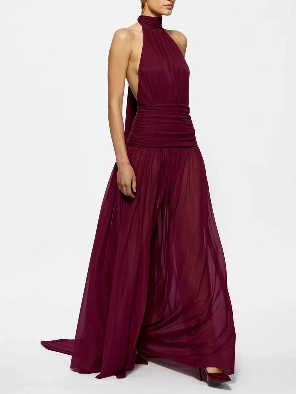 Burgundy Halter Neck Backless Maxi Dress