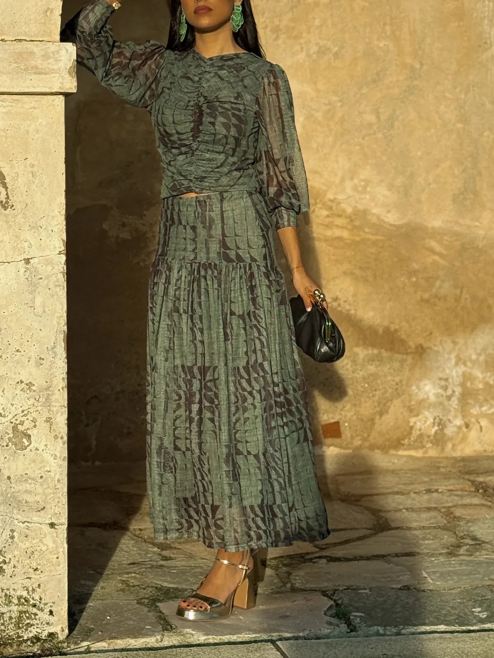 Olive Geometric Print Two-Piece Set