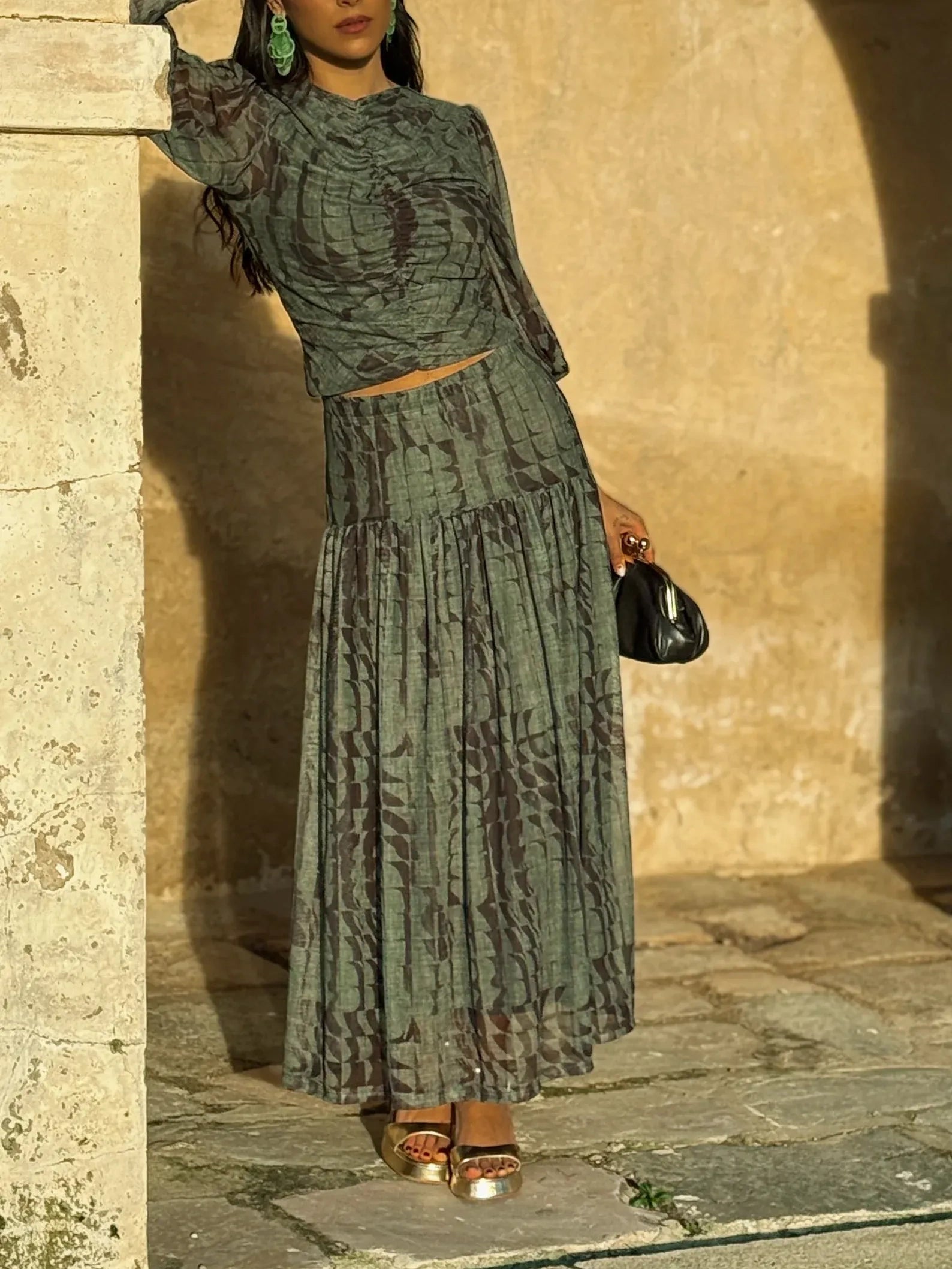 Olive Geometric Print Two-Piece Set