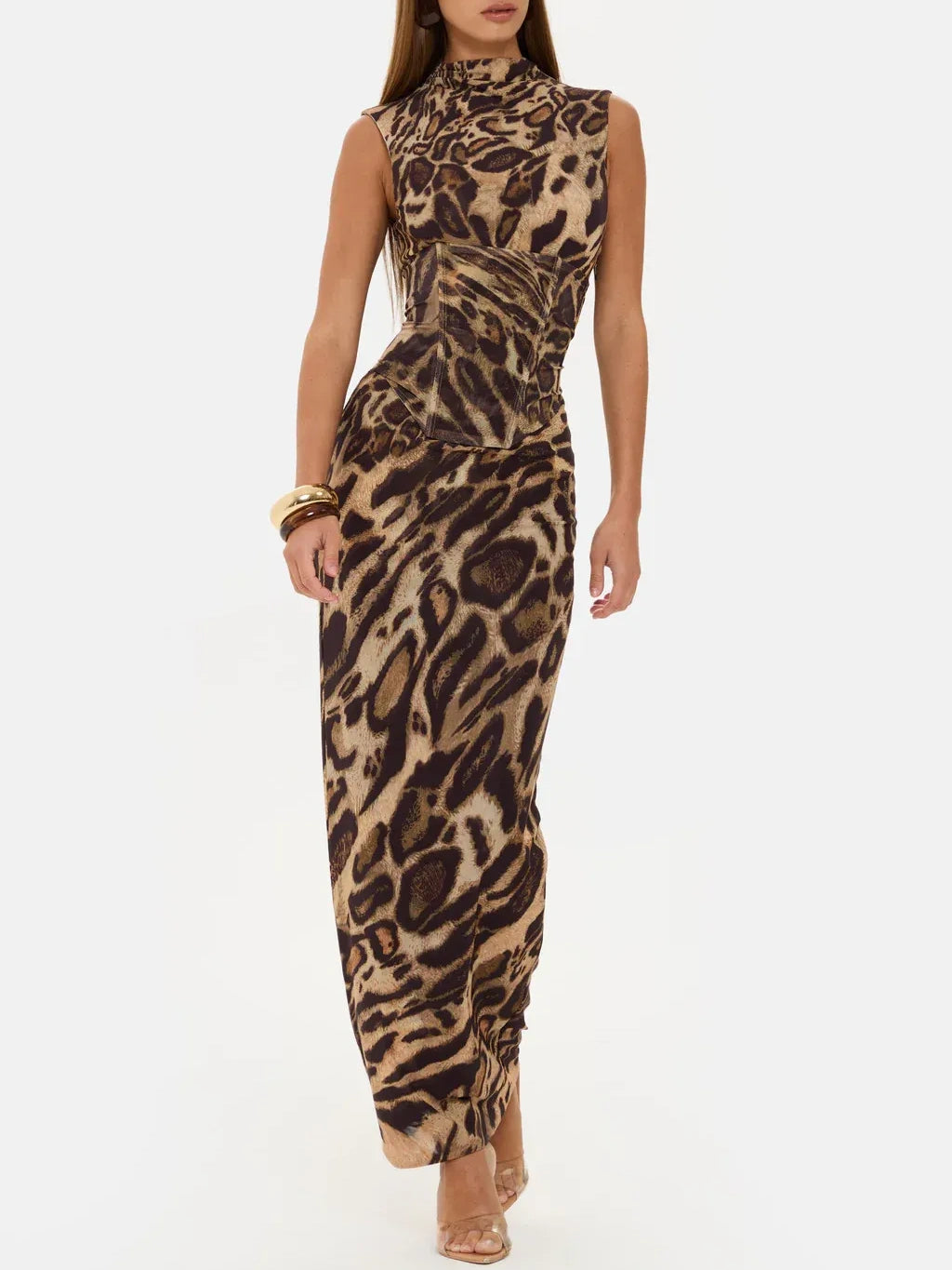 Leopard Print Sleeveless Corset Maxi Dress