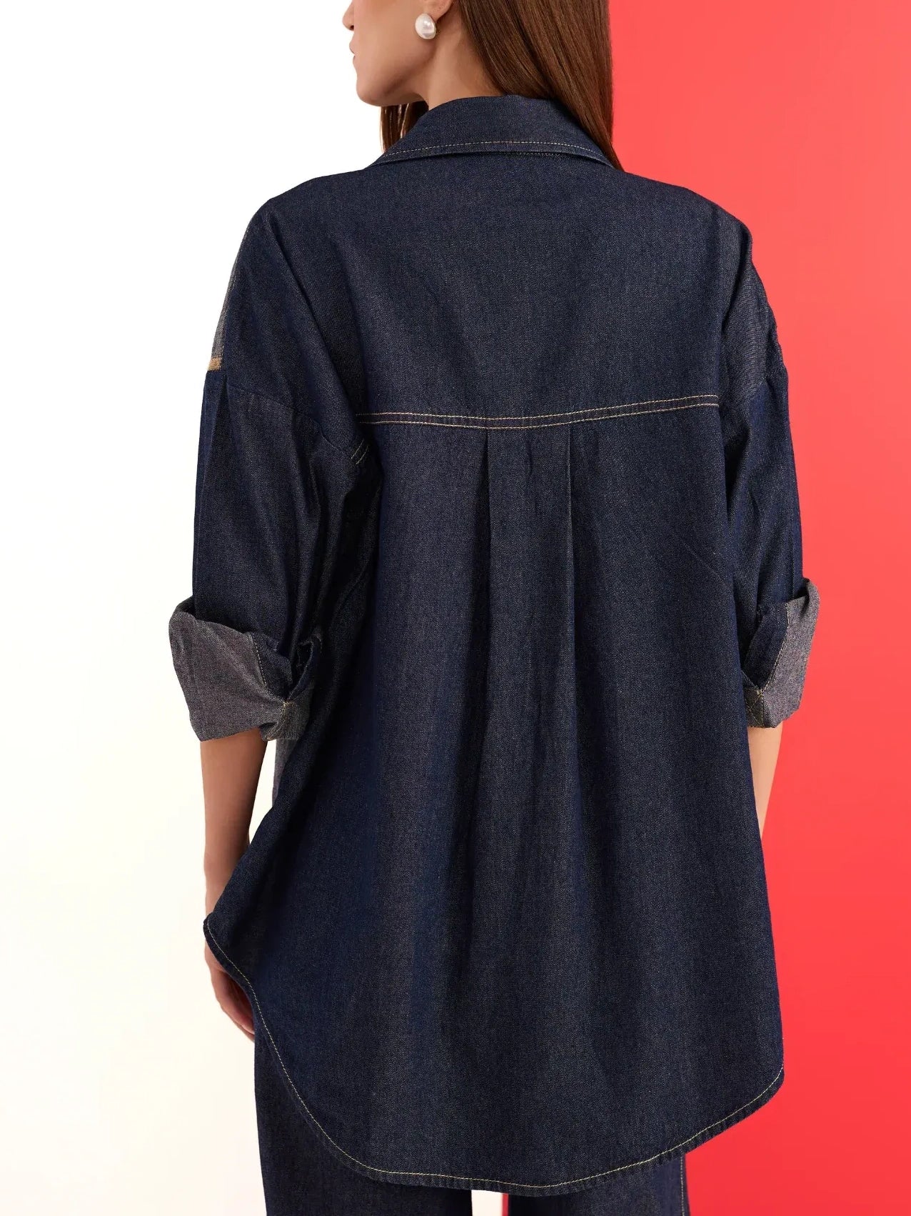 Patchwork Denim Shirt Wide-Leg Pant Two-Piece Set