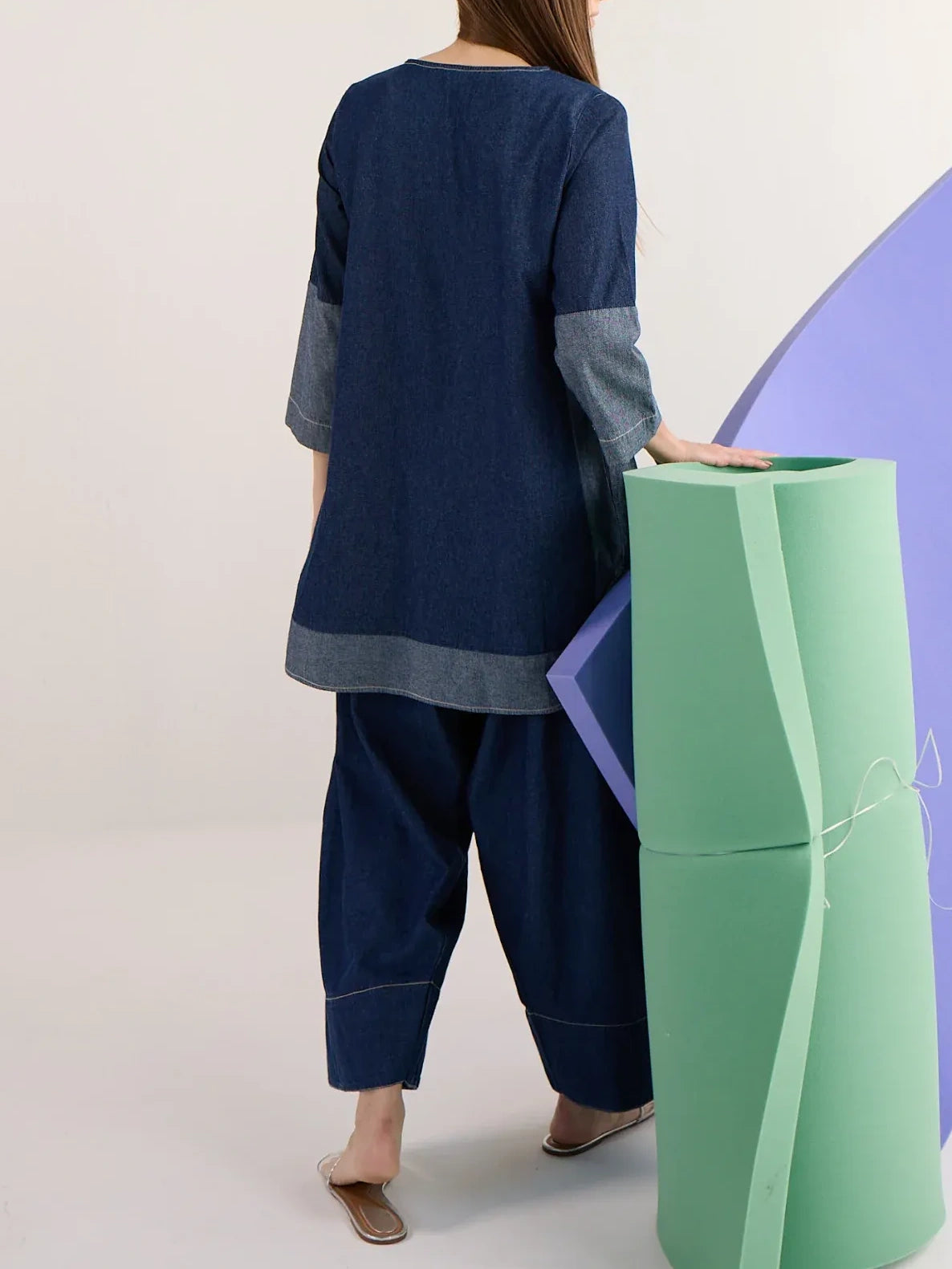 Color Block Denim Tunic Wide-Leg Pant Set