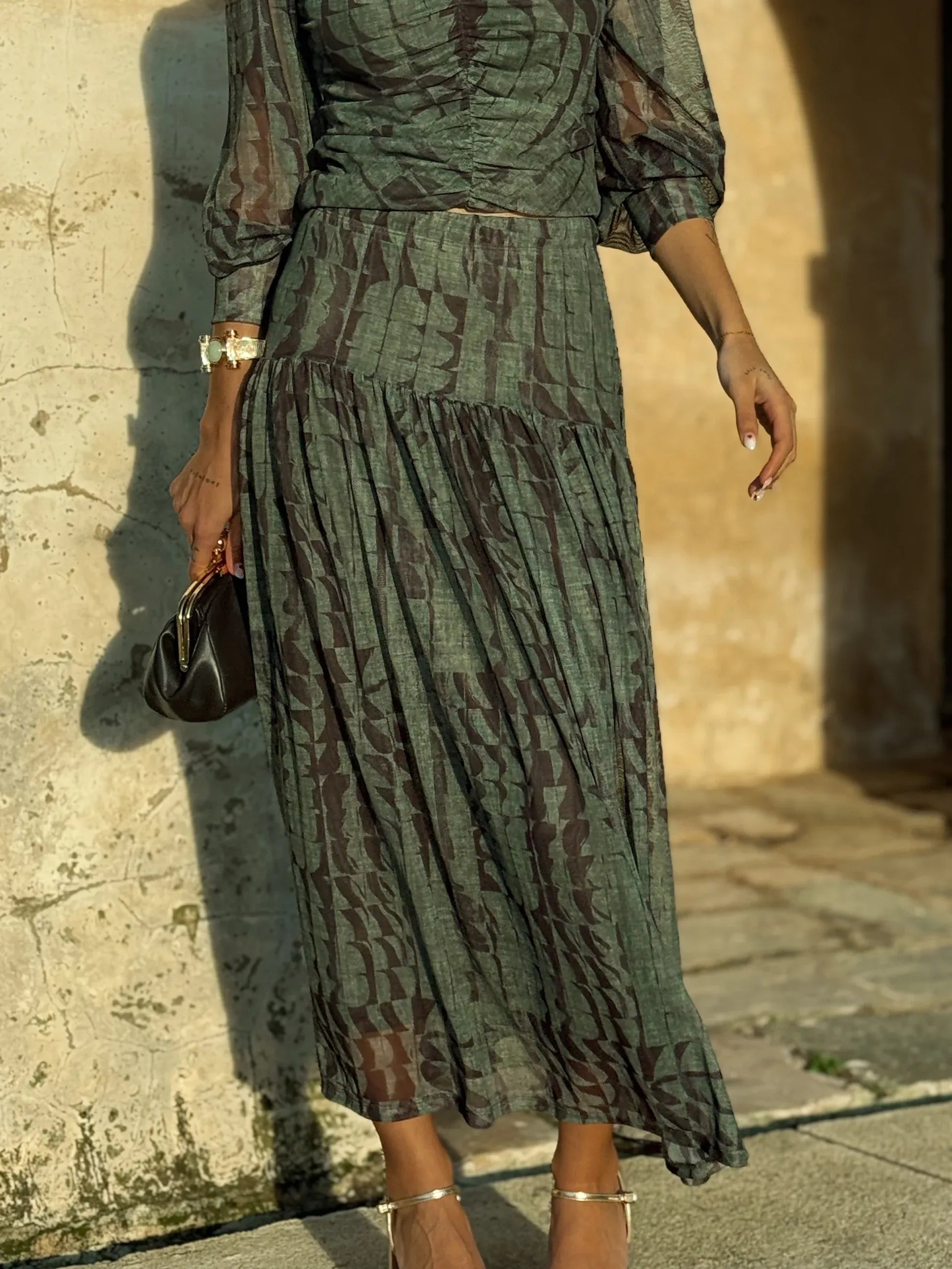 Olive Geometric Print Two-Piece Set