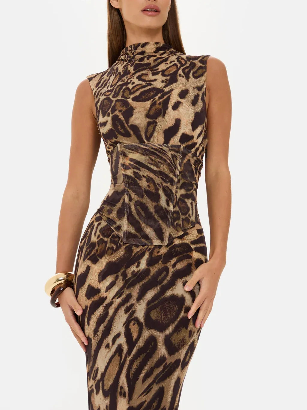 Leopard Print Sleeveless Corset Maxi Dress