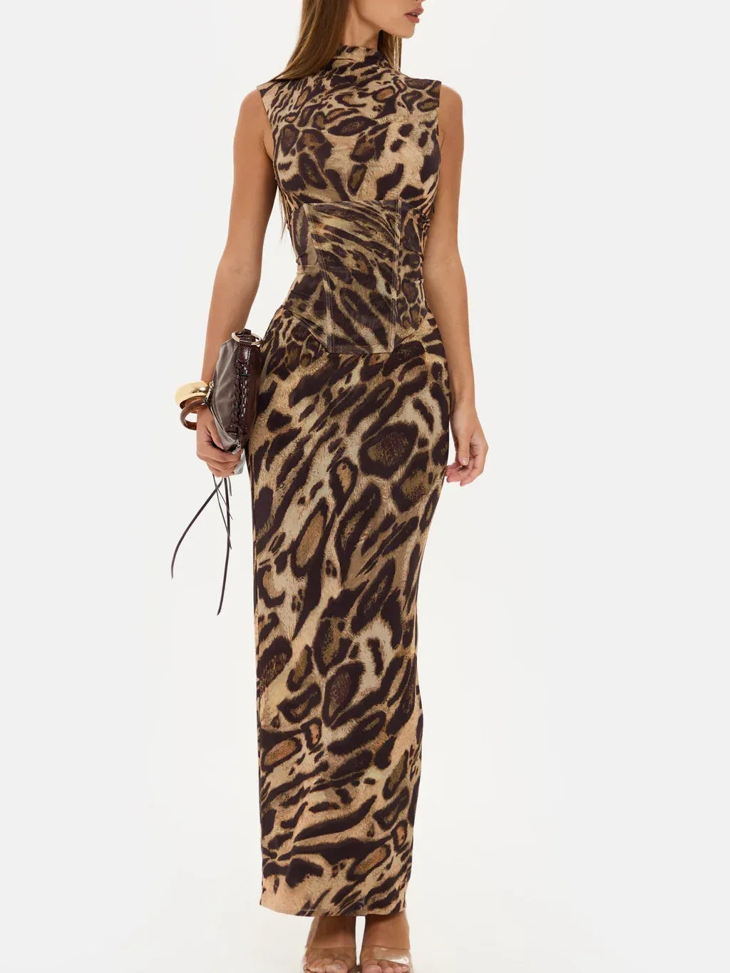 Leopard Print Sleeveless Corset Maxi Dress